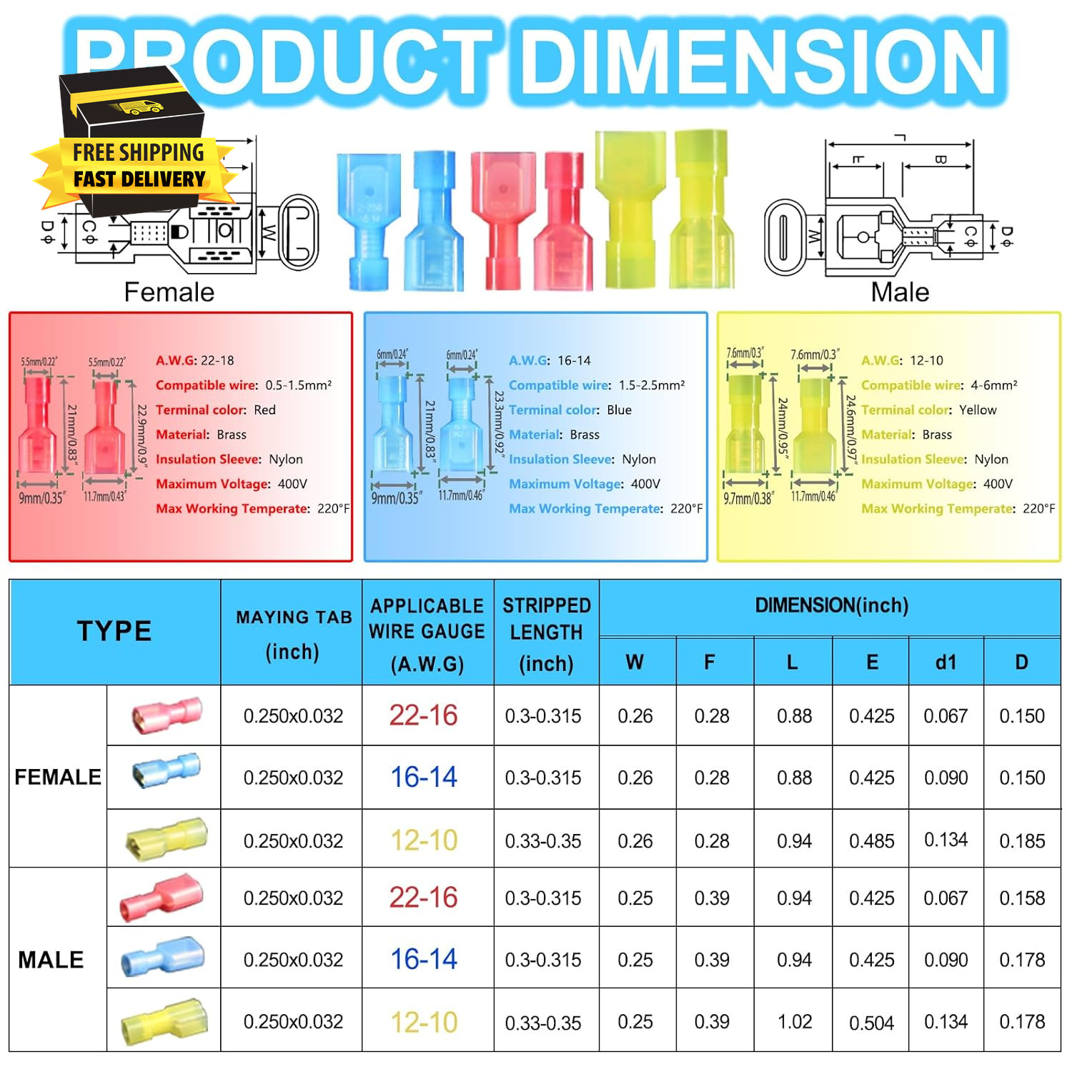 50PCS Nylon Spade Quick Disconnect Connectors Kit 22-10 AWG Male and Female Elec