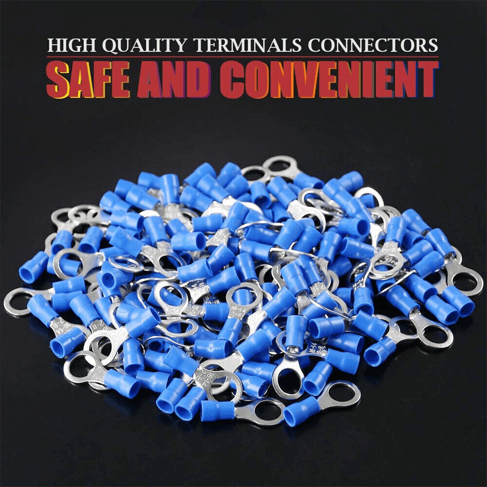 150pcs Blue Gauge 16-14AWG Wire Connectors Vinyl 5/16″ Stud Ring Terminals RV2-8