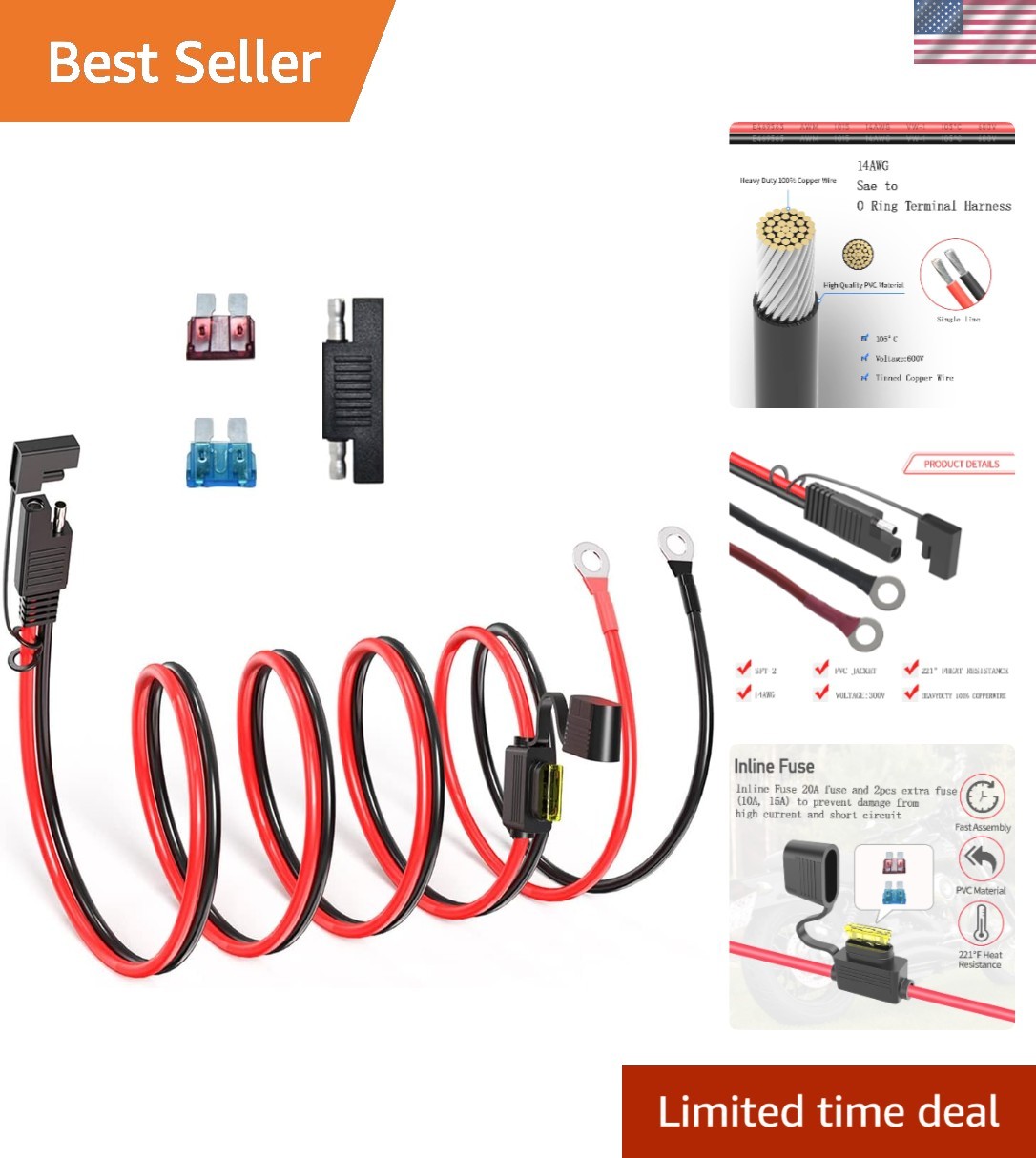 SAE to O Ring Terminal Harness, 14AWG 5FT SAE Battery Connector 2 Pin Quick D…