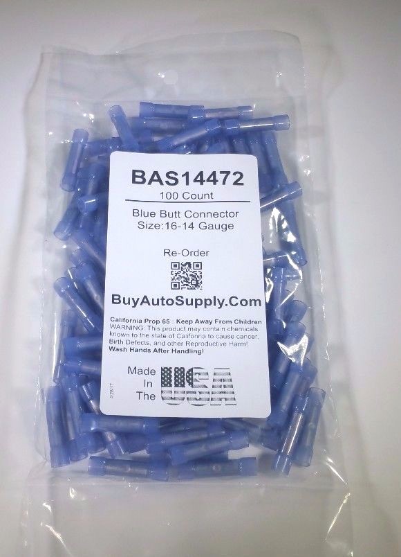 100x USA Made Blue 16-14 GA Nylon Seamed Butt Connector 14-16 Wire Installation