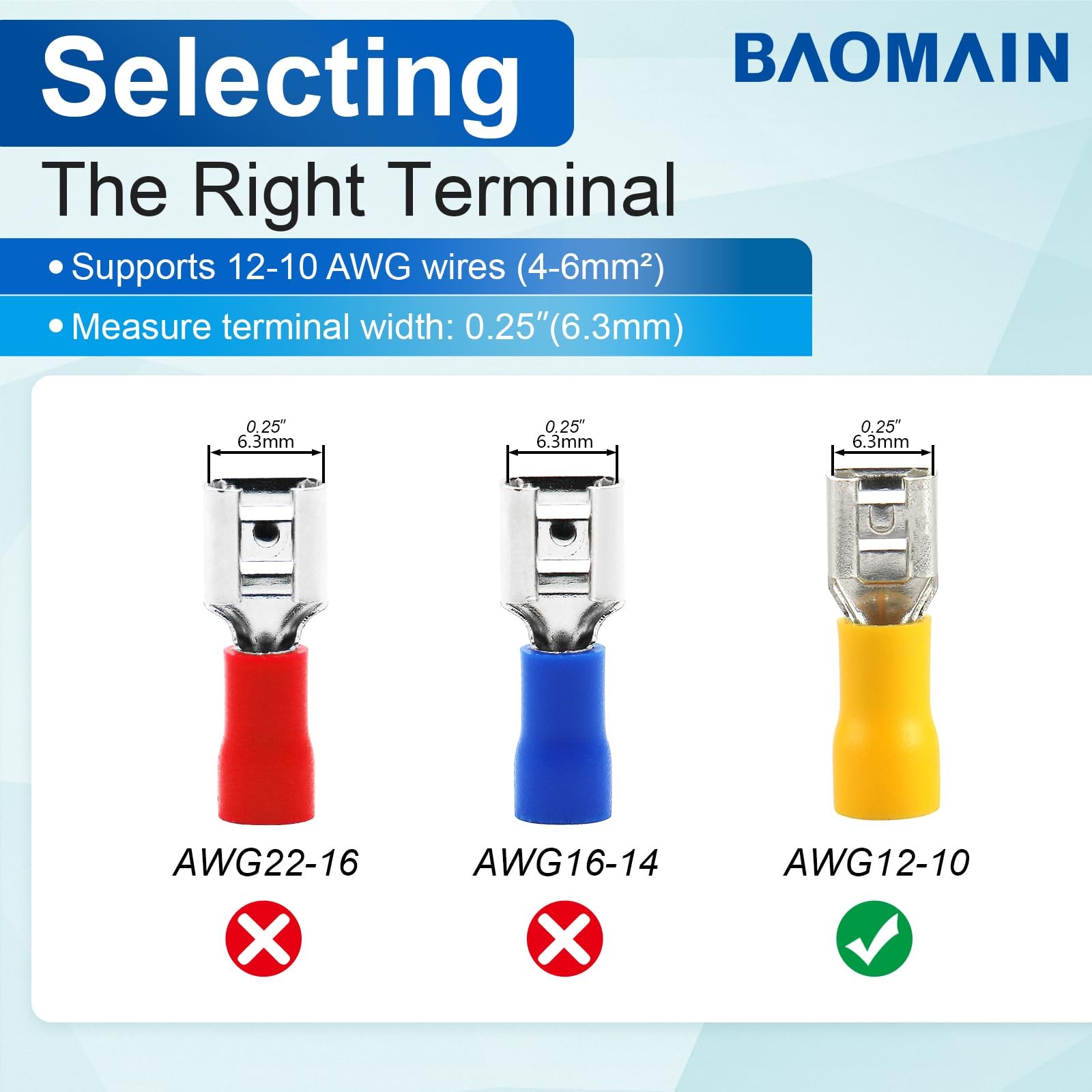 Baomain 1/4″ Spade Terminals 12-10 AWG 1000Pcs