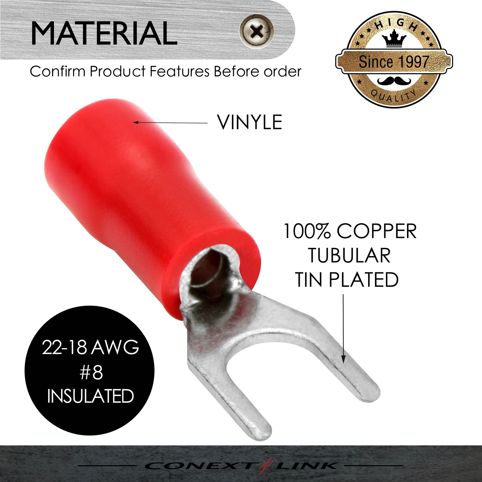 100 Spade Fork Terminal Connector Vinyl Red 22-18 GA AWG Gauge #8 Stud Speaker