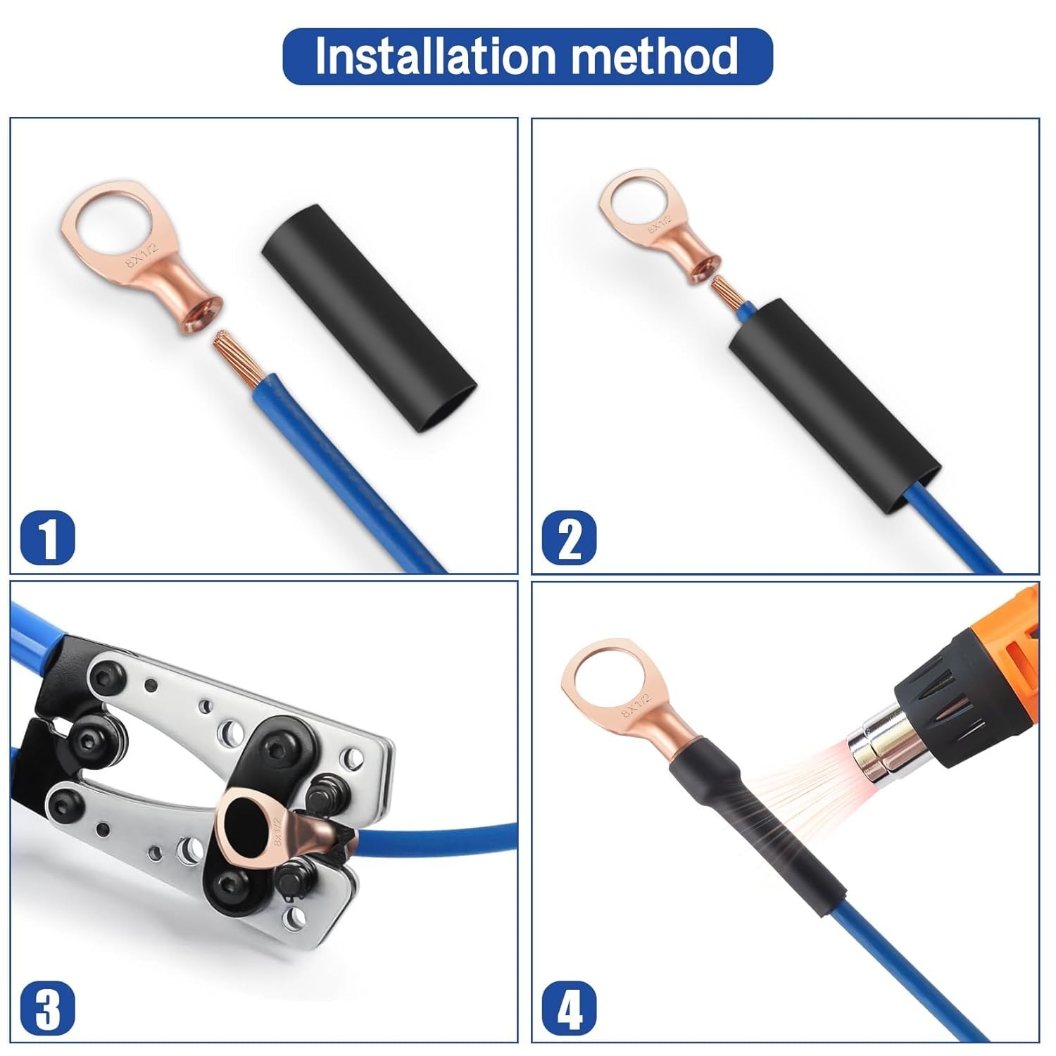 100 Heavy Duty 1/0 AWG-3/8 Copper Battery Lugs with 6.5ft Heat Shrink Tubing Set