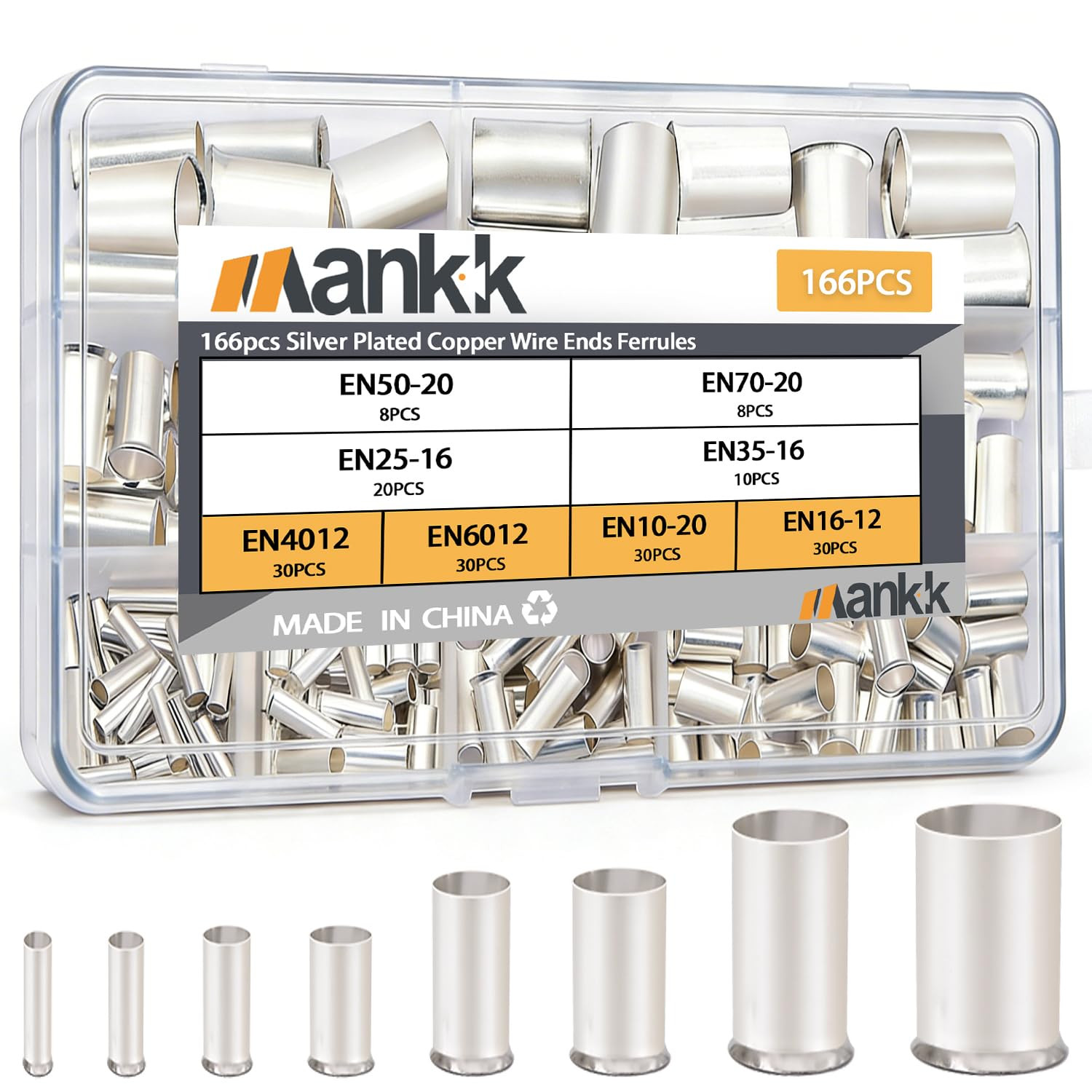 166PCS Wire Ends Ferrules Kit, 8 Sizes AWG(1/0 2/0 2 4 6 8 10 12) Silver Plated