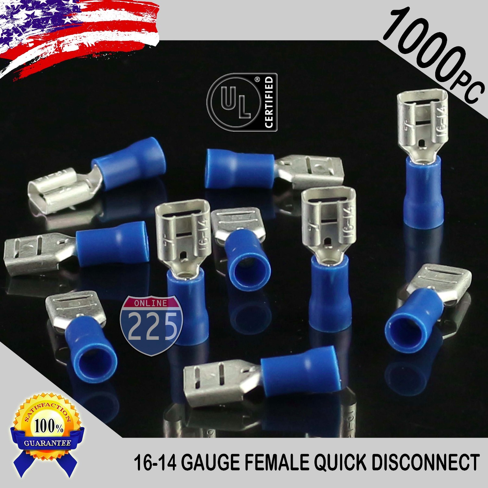 1000 Pack 16-14 Gauge Female Quick Disconnect Blue Vinyl Crimp Terminals .250″