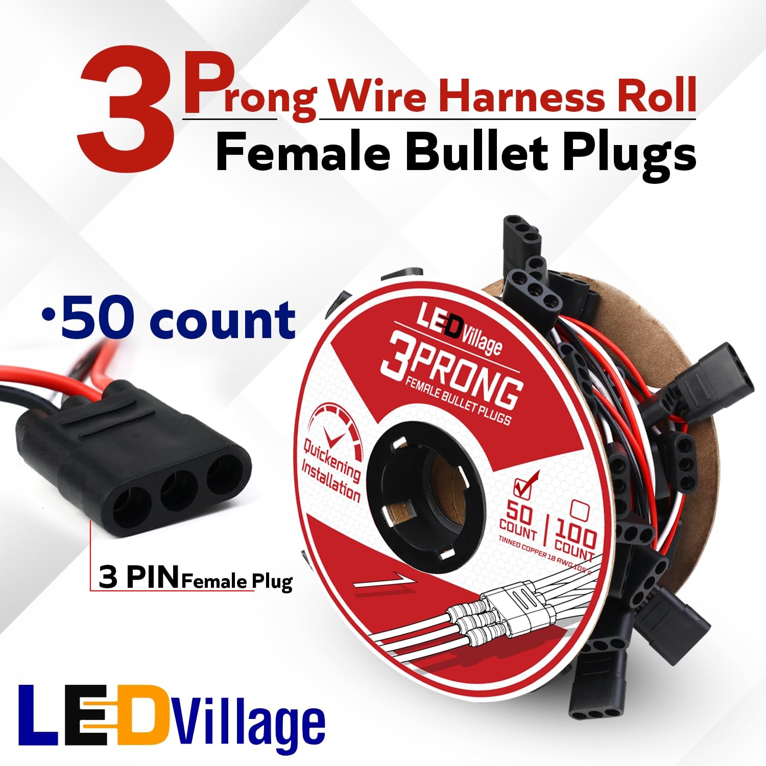 50 Counts of 3 Prong Female Bullet Plug Wiring Harness Continuous Wire Harnes…