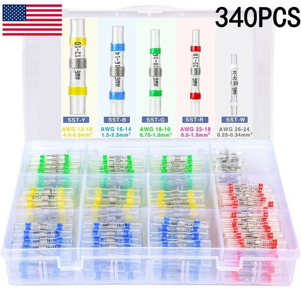 340PCS Solder Seal Sleeve Heat Shrink Butt Wire Connectors Waterproof Terminals