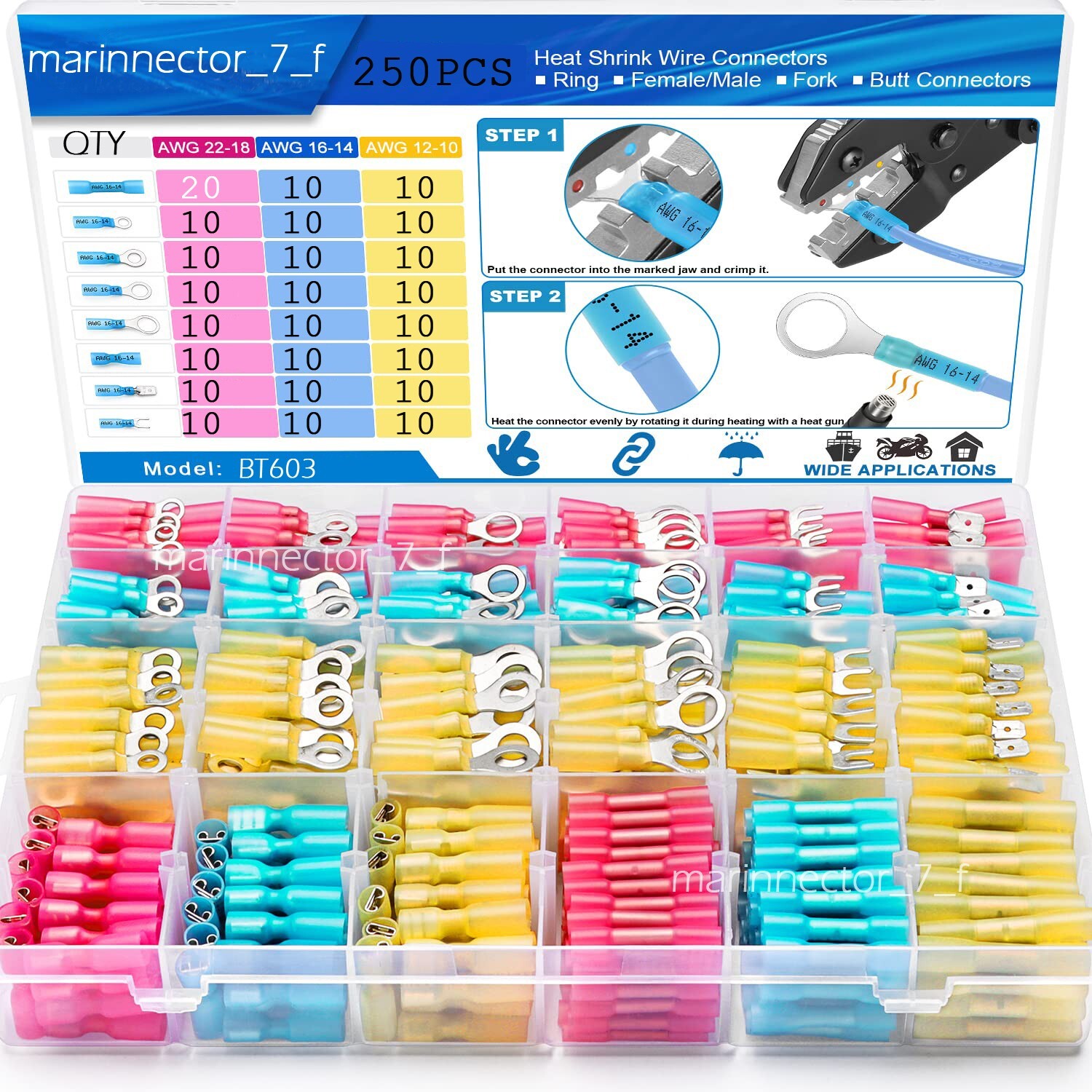 250Pcs Waterproof Heat Shrink Butt Wire Connectors Spade Ring Fork Terminals kit