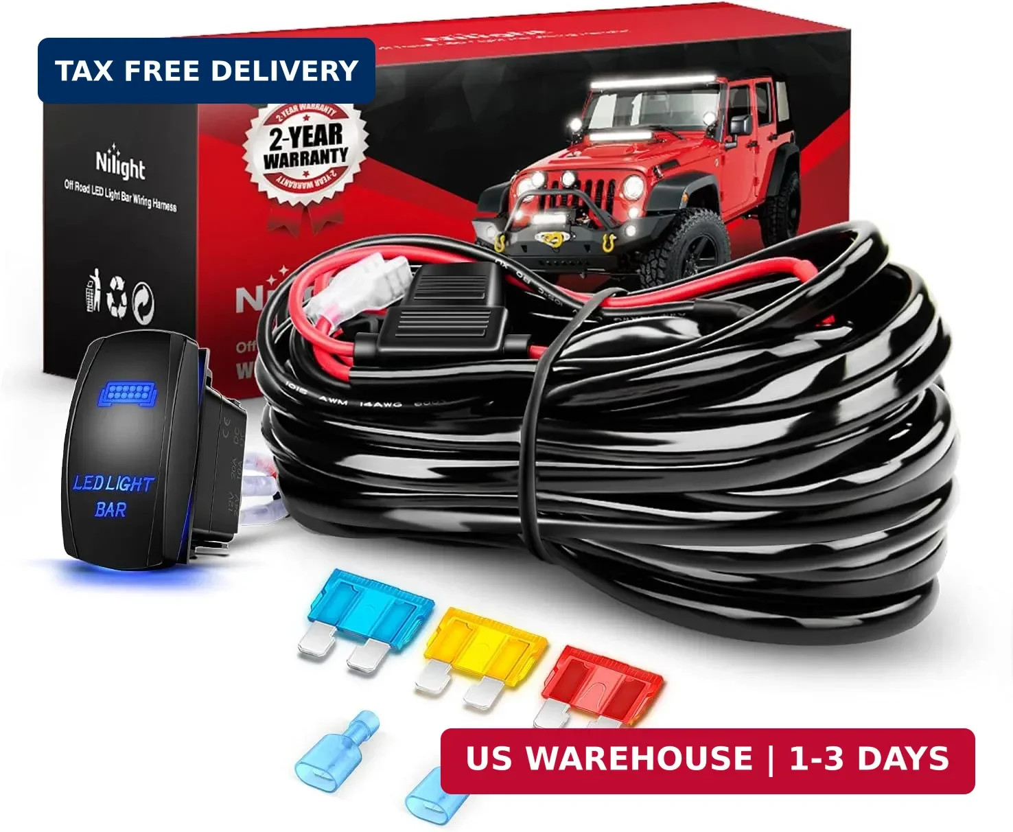 Nilight 10014W LED Light Bar Wiring Harness Kit 14AWG Heavy Duty 12V 5Pin Rocker