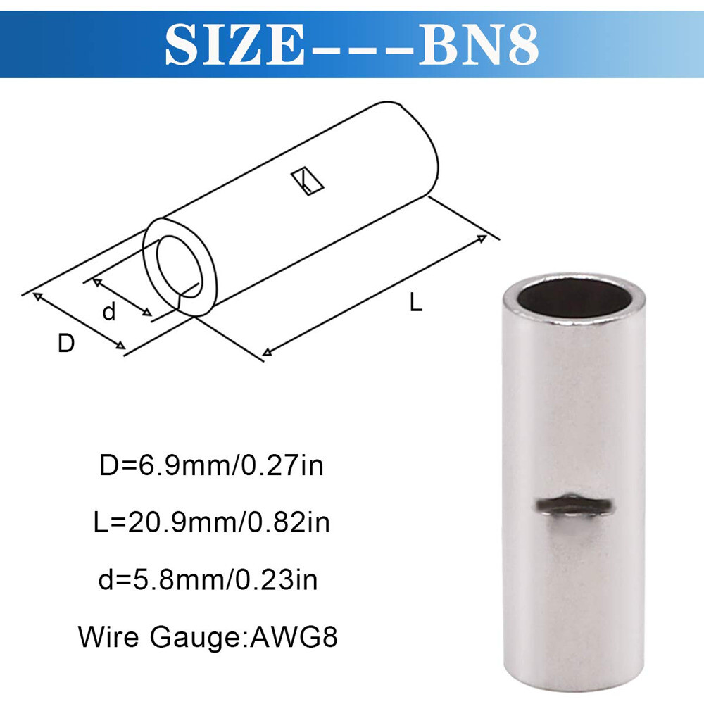 10-100Pcs 2-22 AWG Non-Insulated Copper butt Splice connectors terminal barrel