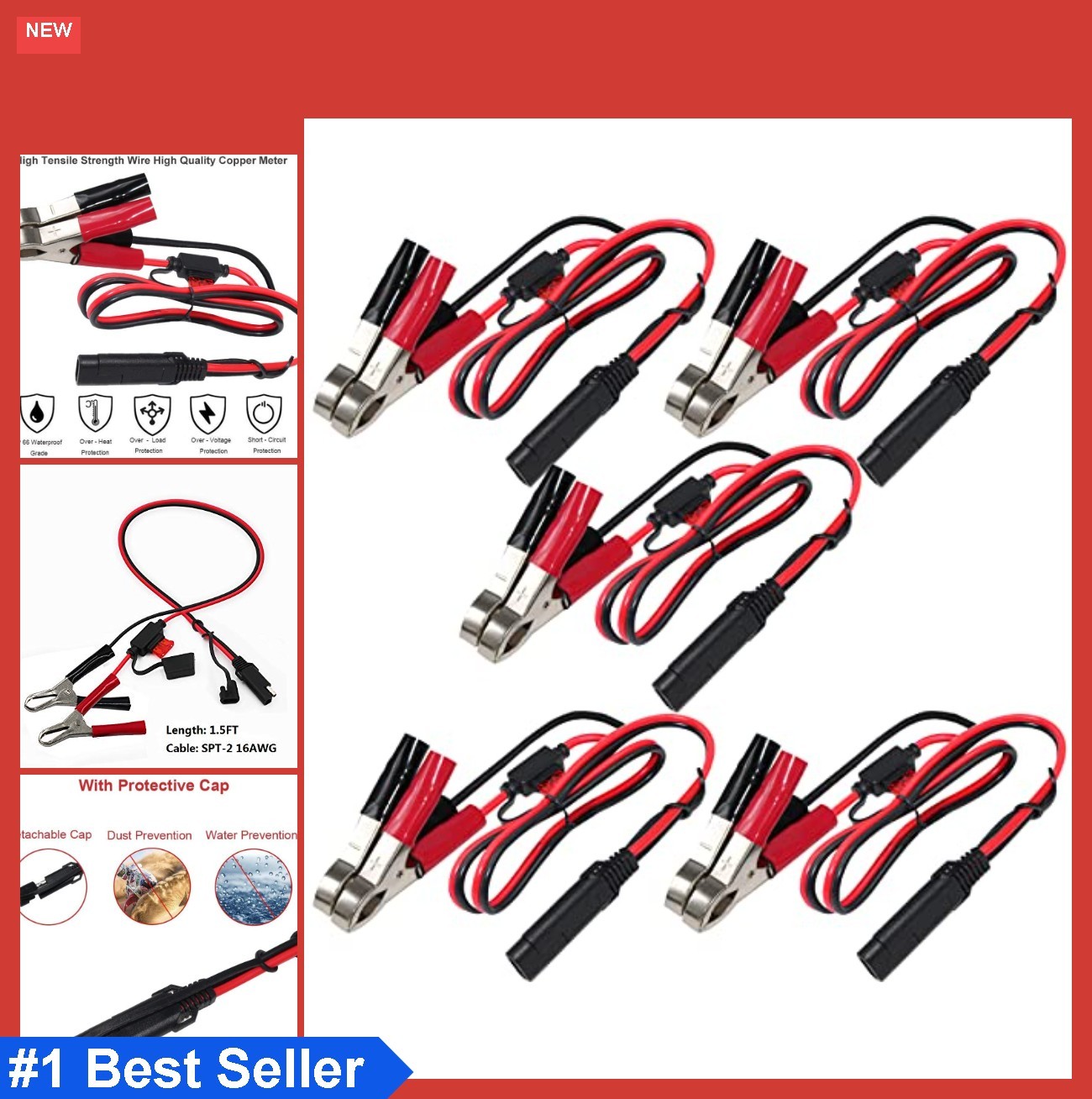 5 Pack 1.5FT SAE Alligator Clip Battery Charger Cable 16AWG 7.5A Fuse