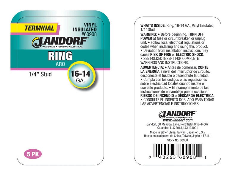 Jandorf 60908 Copper Vinyl Insulated 1/4 in. Stud Ring Terminal 16 to 14 AWG