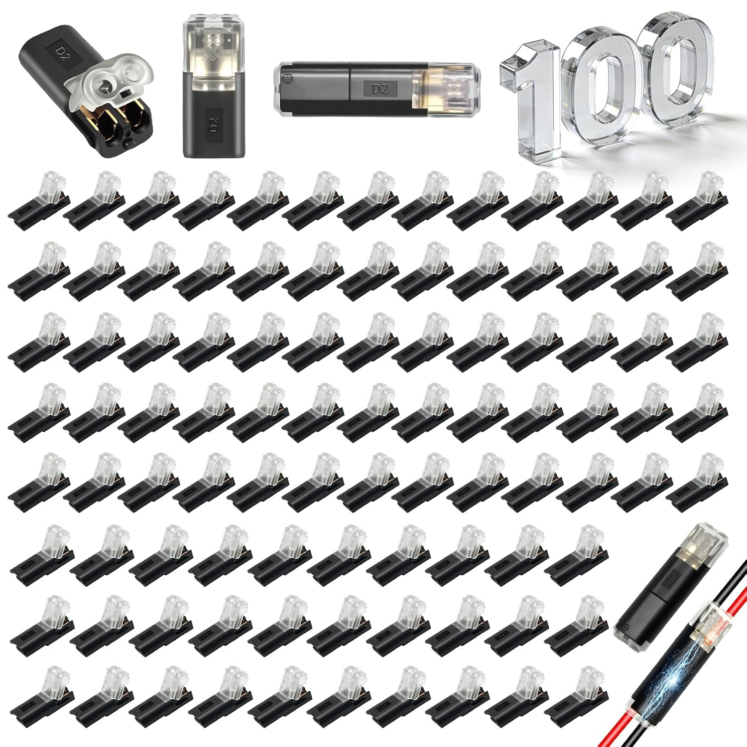 100 Pack 2 Pin Led Strip Lights Quick Wire Connectors(18Awg-22Awg-Black) | Low V