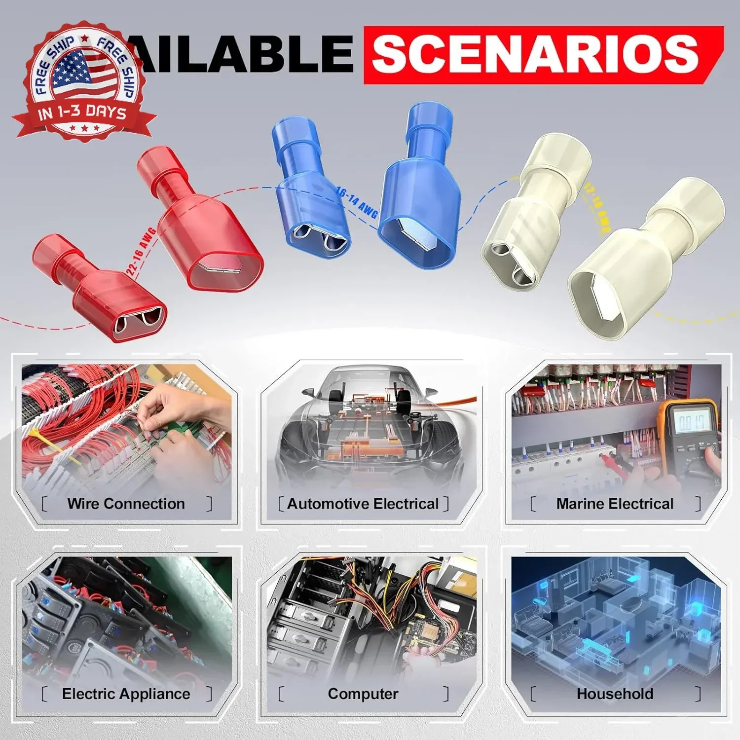 AIRIC Blue Female Spade Connector 16-14 AWG Disconnect Crimp Terminals | UL,100