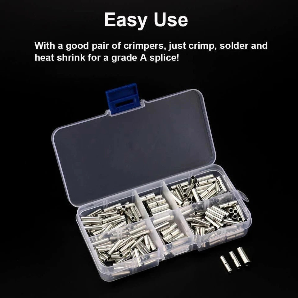 200pcs Non-Insulated Crimp Butt Connectors Wire Terminals 10-22AWG Terminal Kit