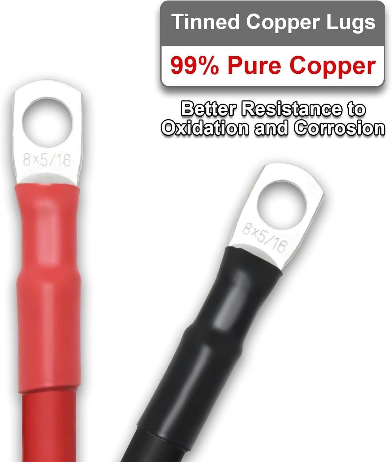 8 Gauge Battery Cable 1ft with Lugs for Automotive & Marine Power