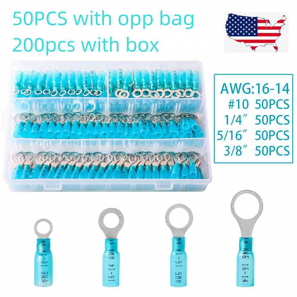50/200Pcs Ring Eyelet Heat Shrink Wire 16-14AWG Gauge Connectors Terminals Kit