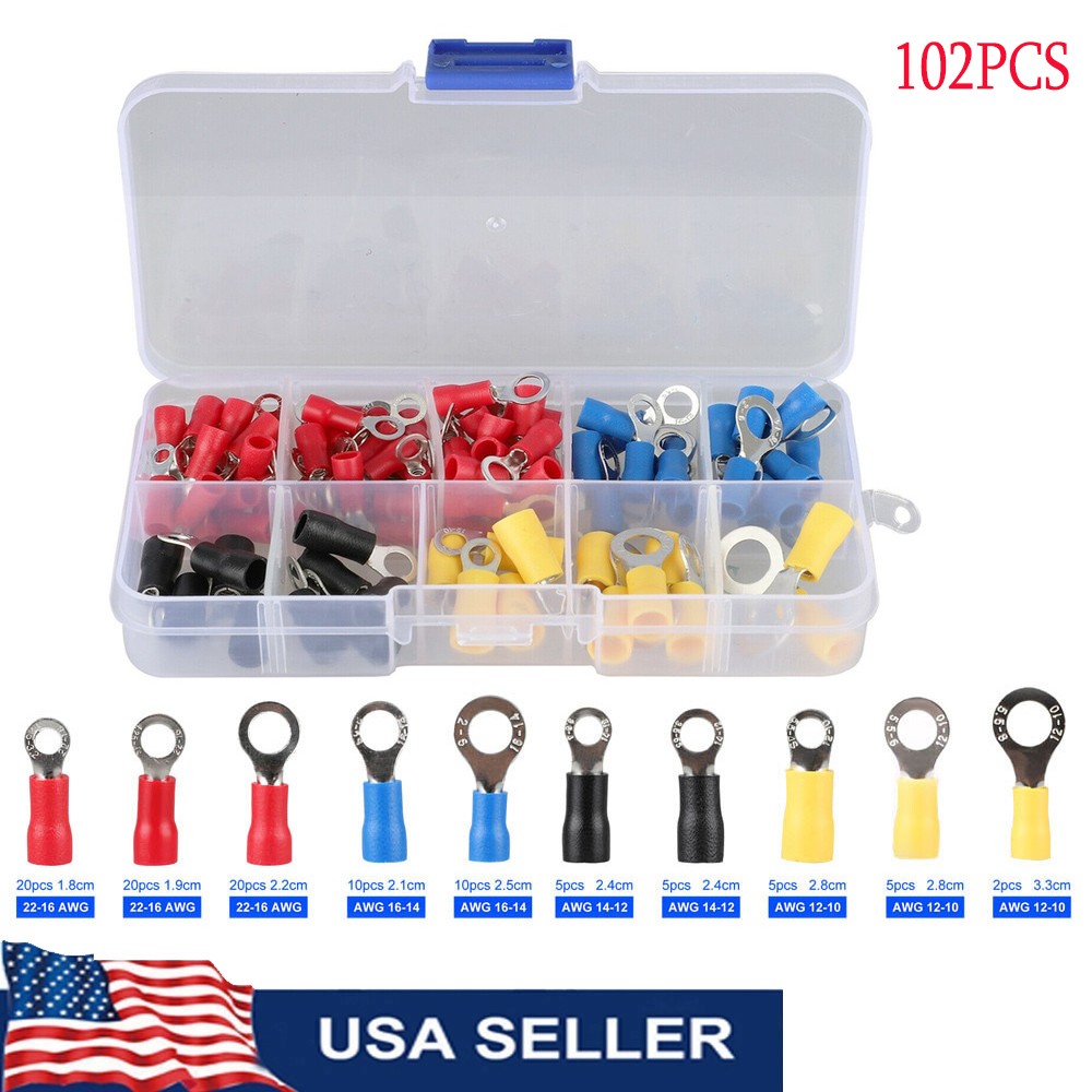 102PCS Assorted Insulated Electrical Wire Connector Crimp Ring Terminal Kit US