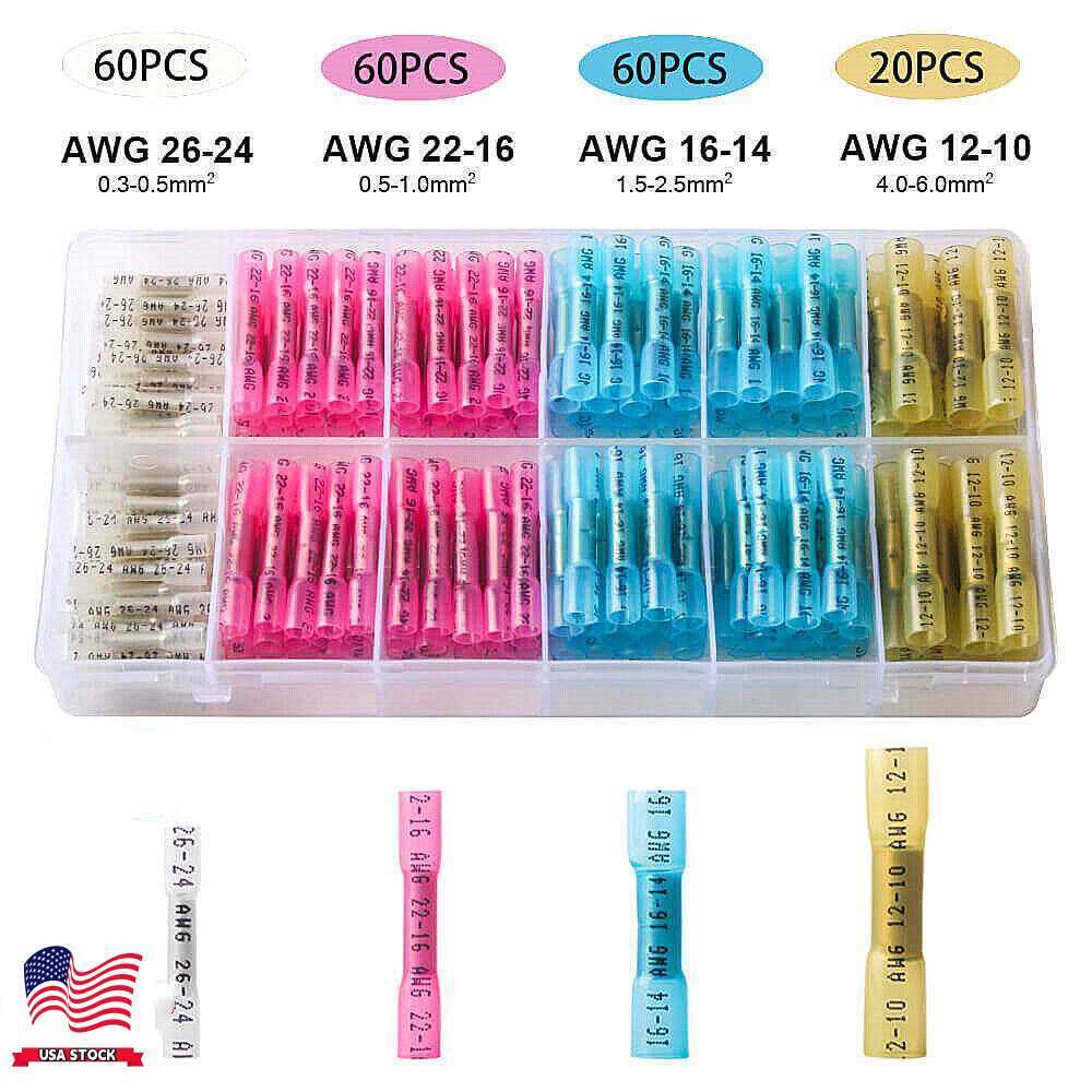 200X 26-10 AWG Butt Connectors Electrical Wire for Marine Car Truck Heat Shrink