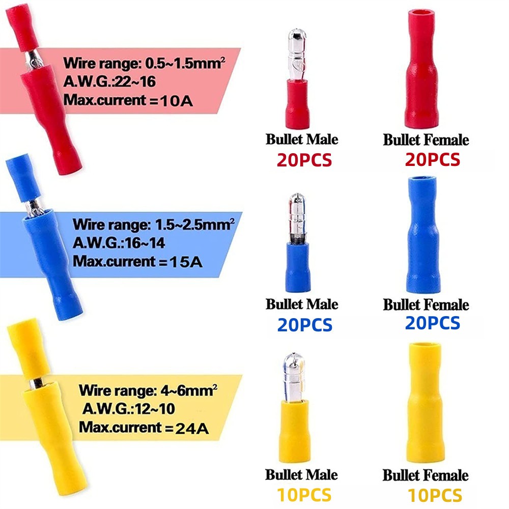 100-800pcs Insulated Male Female Bullet Connectors 22-10AWG Wire Crimp Terminals