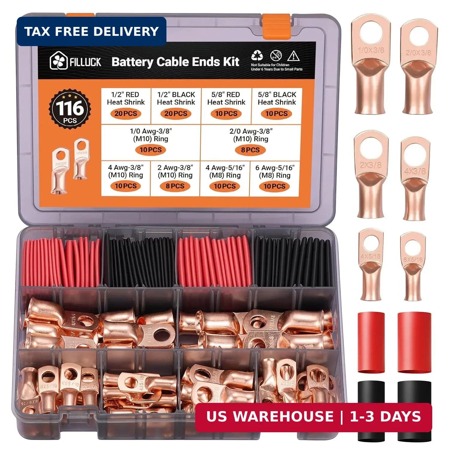 116pcs Battery Cable Ends Kit,1/0 AWG 2 AWG 2/0AWG 4 AWG 6 AWG Copper Lugs,0 Gau