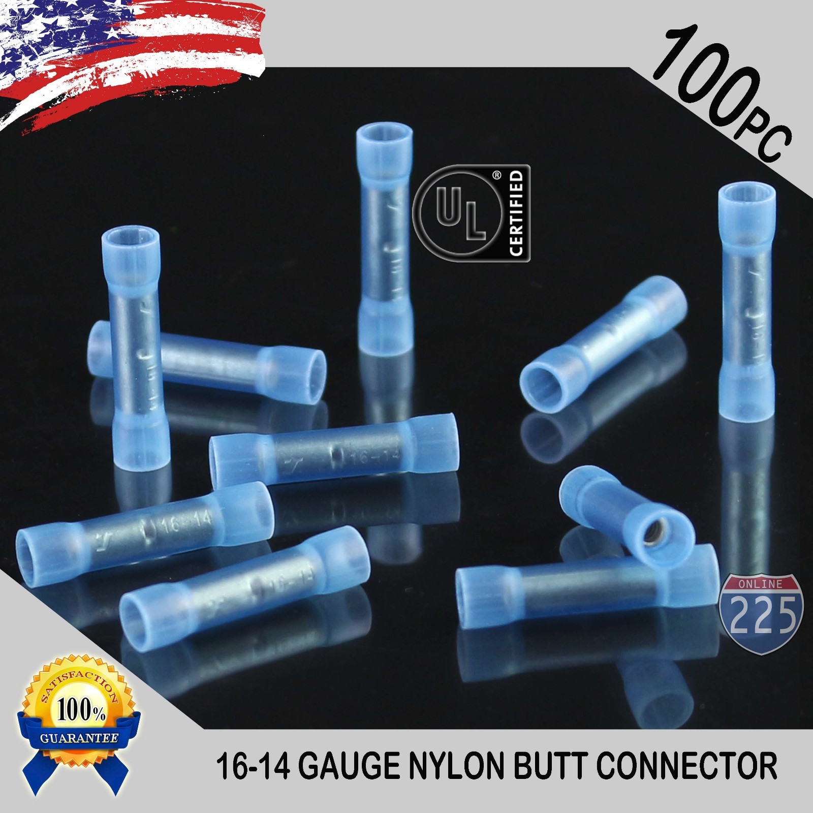 100 Pack 16-14 Gauge Wire Butt Connector Blue Nylon 16-14 AWG PRO Crimp Terminal