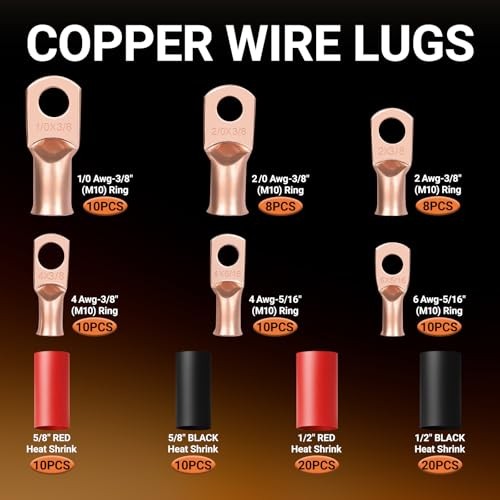 pcs Battery Cable Ends Kit,1/0 AWG 2 AWG 2/0AWG 4 AWG 6 AWG Copper Lugs,0 116