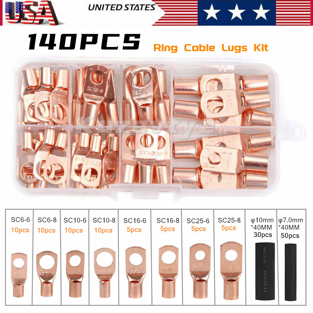 140/280Pcs Car Battery Ring Terminals Cable Lug Kit Copper Crimp Wire Connectors