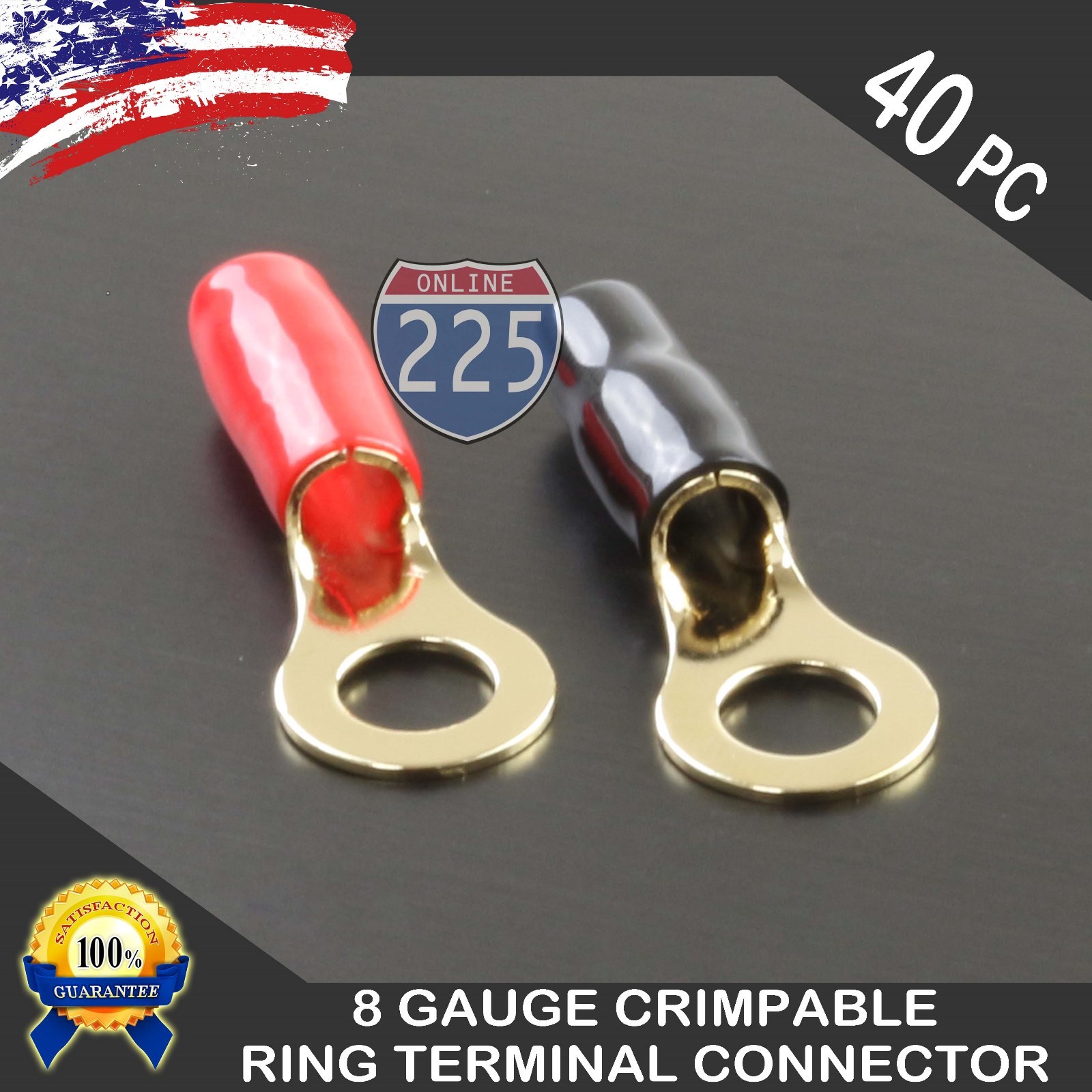8 Gauge SILVER Ring Terminal 40pc Pack Wire Crimp Red Black Boots 5/16″ Stud