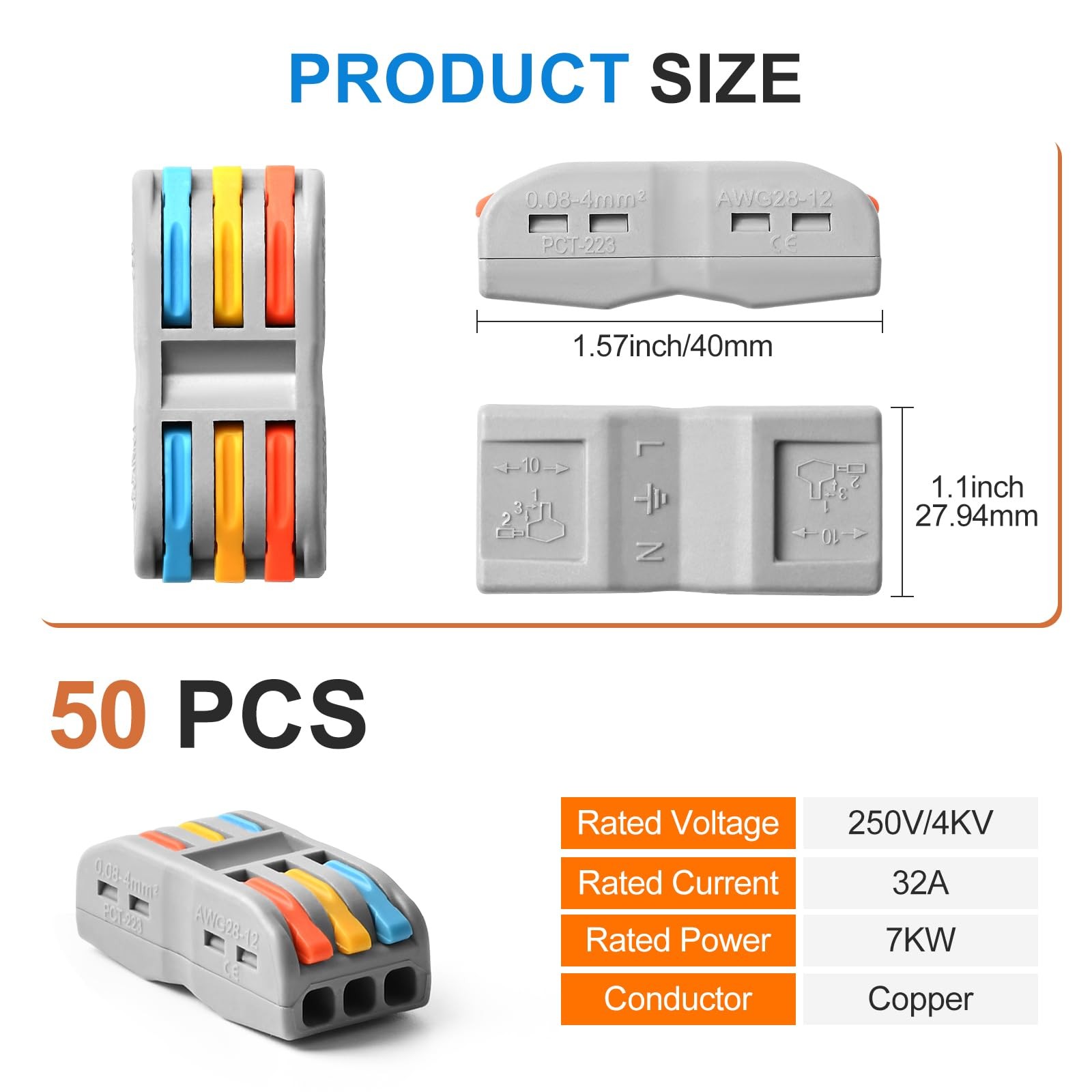3 Conductor Wire Connectors 50PCS 28-12 AWG Compact Splicing – Easy Electrical