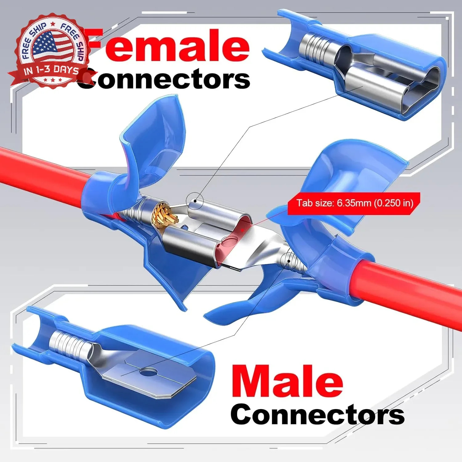 AIRIC Blue Female Spade Connector 16-14 AWG Disconnect Crimp Terminals | UL,100