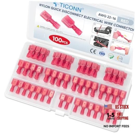 100 Pcs Nylon Spade Quick Disconnect Connectors Kit, Electrical Red 100Pcs