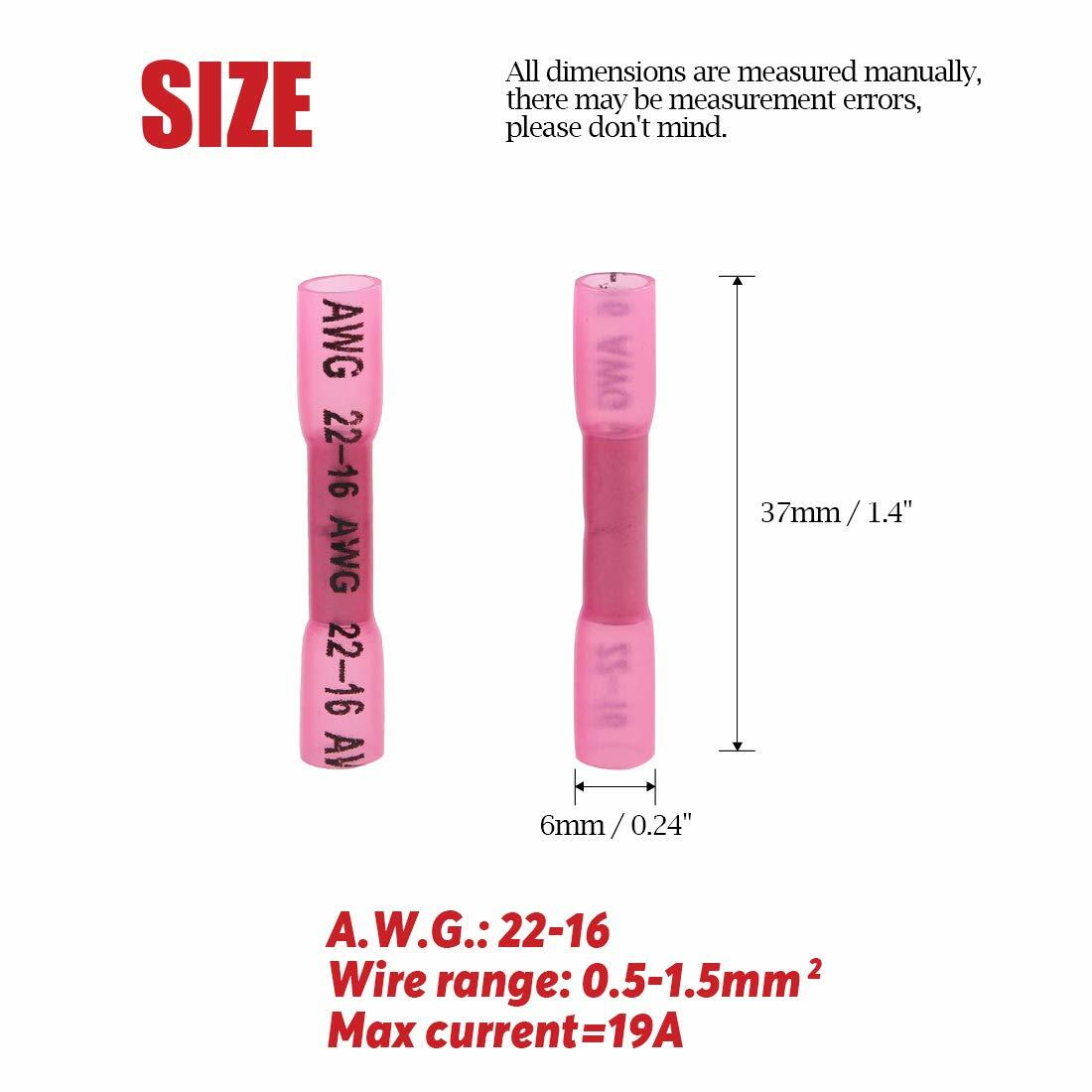 500Pcs Red AWG Heat Shrink Butt Wire Connectors Crimp Terminals 16-22 Gauge US