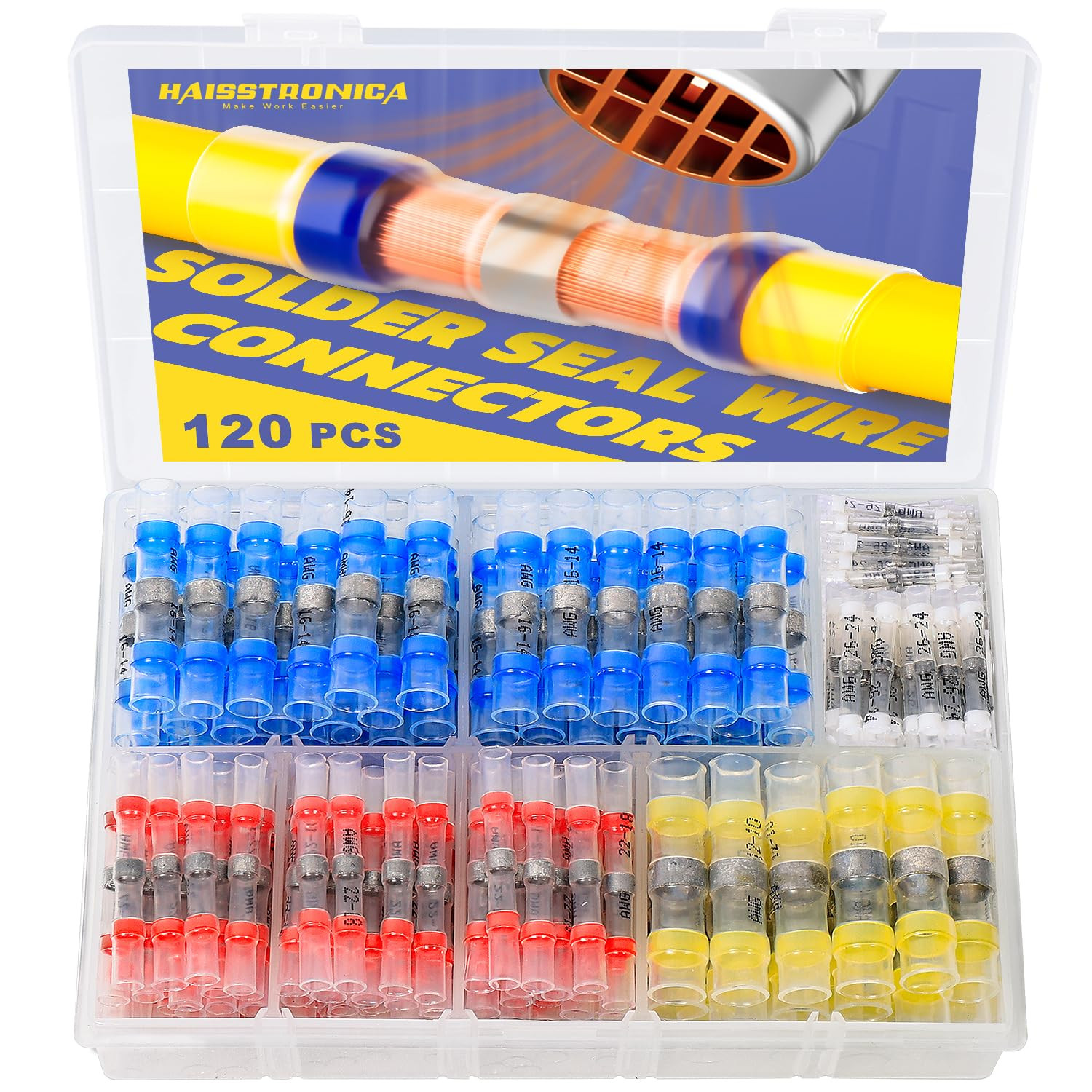 Haisstronica 120PCS Solder Seal Wire Connectors, Marine Grade Heat Shrink Butt S