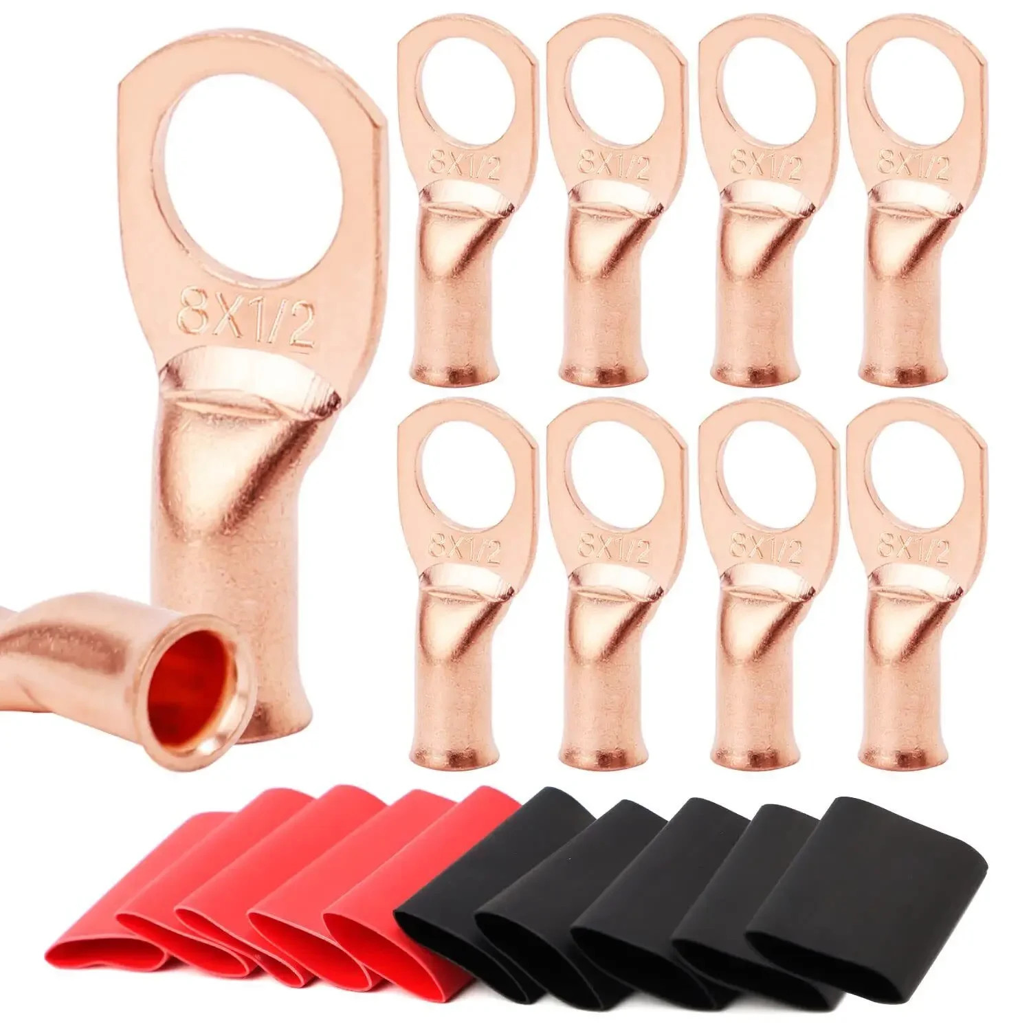 20Pcs Copper Terminal Connectors, AWG 2 4 6 8 1/0 2/0 Ring Lug with Shrink Tubin