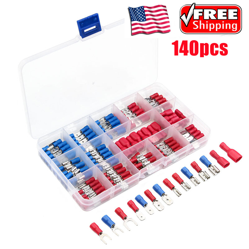 140PCS Insulated Electrical Wire Splice Terminal Crimp Connectors Spade Kit Set