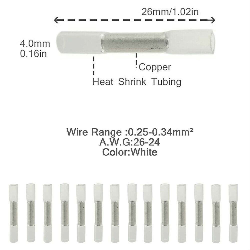 50-100PCS 26-24 AWG Heat Shrink Wire Connector Butt Splice Waterproof Terminals