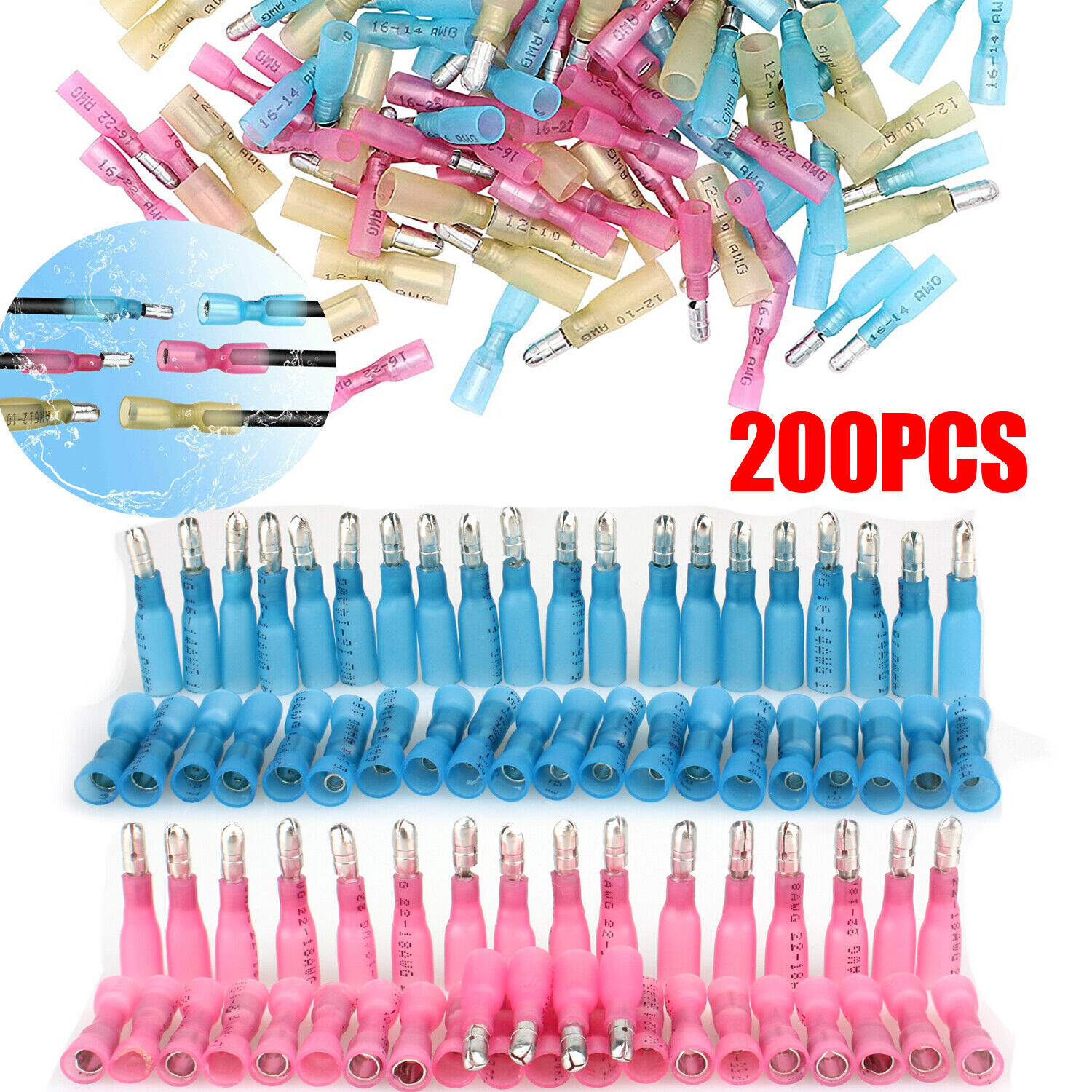 100-200X Heat Shrink Bullet Wire Connectors 22-10AWG Male Female Crimp Terminals