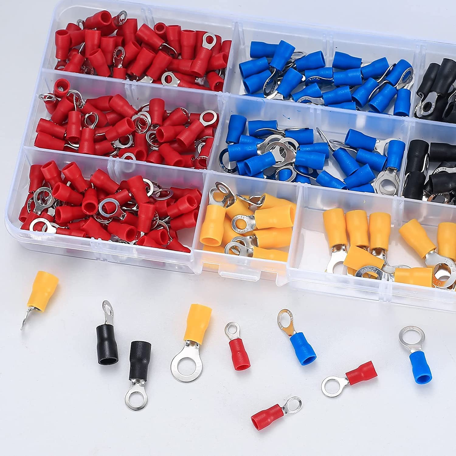 200 Pcs Mixed Quick Disconnect Ring Terminals, Insulated O Ring Crimp Terminals