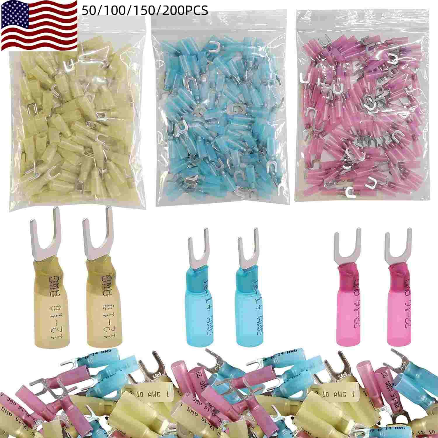 50/200PCS Heat Shrink Crimp Spade Terminal Fork Wire Connector 22-16 16-10 AWG