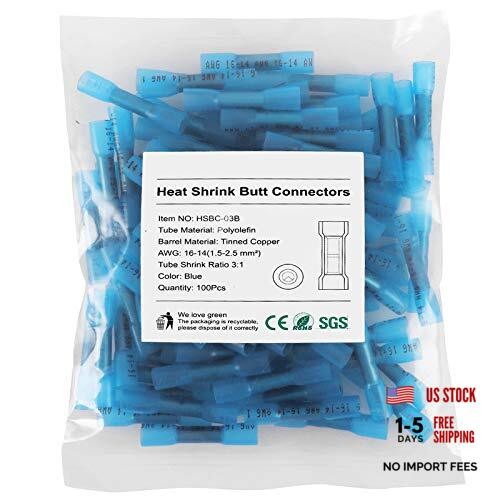 Heat Shrink Butt Connectors, 100Pcs 16-14 AWG Blue Insulated [16-14 AWG] x 100