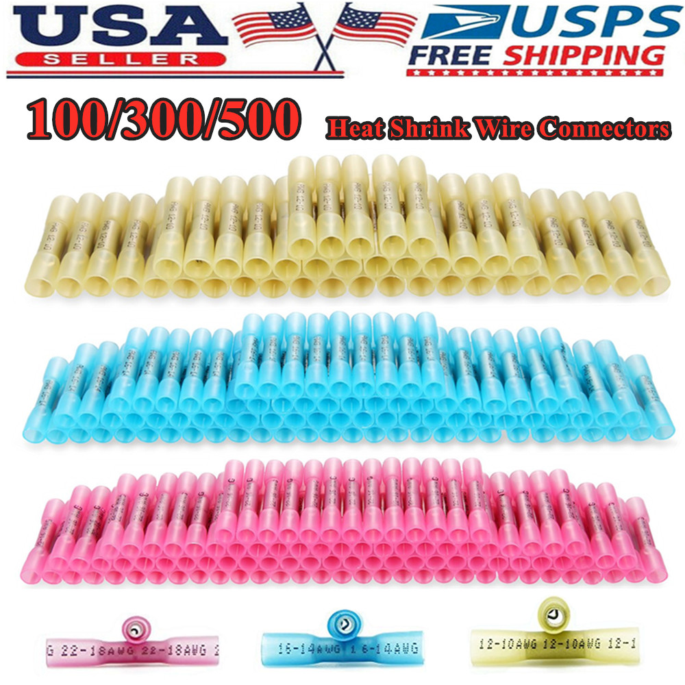 300PCS Heat Shrink Butt Wire Splice Connectors Crimp Terminals AWG 10-22 Gauge