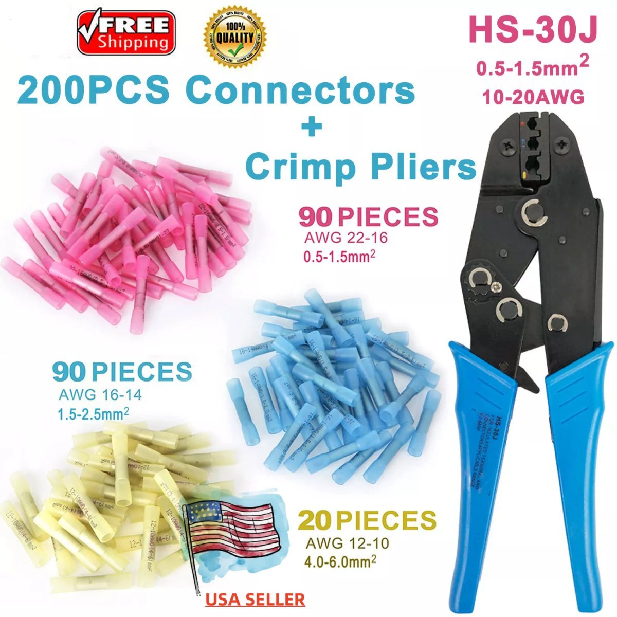 200X Heat Shrink But Connectors + HS-30J 0.5-6mm Wire Terminal Crimp Pliers Tool