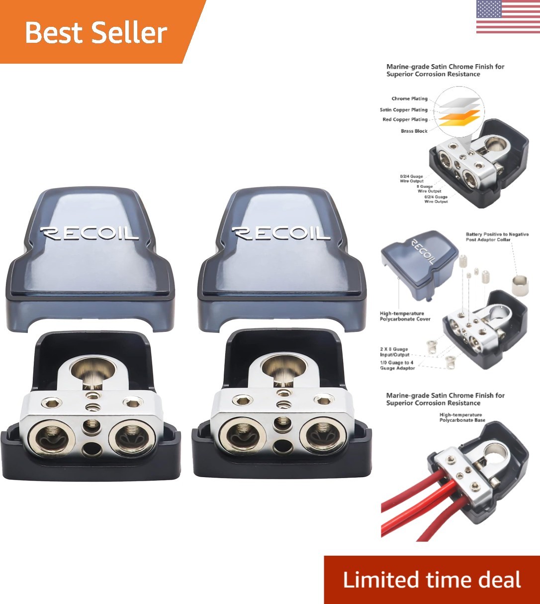 Marine-Grade Battery Terminal Clamps – 2 Pack with 0/2/4 Awg Outputs for Safety