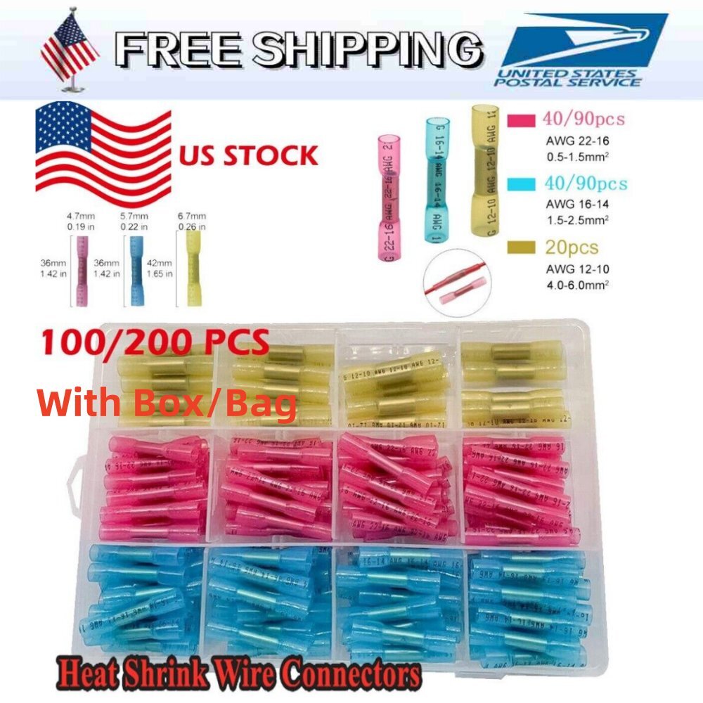 200/100PCS Heat Shrink Butt Wire Splice Connector Seal Crimp Terminal 22-10AWG