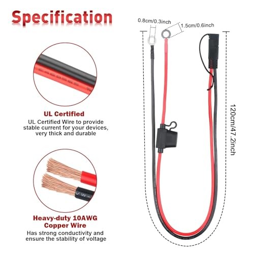 SAE Battery Connector, 10AWG SAE to Ring Terminal Cable with 15A 20A 30A 4FT