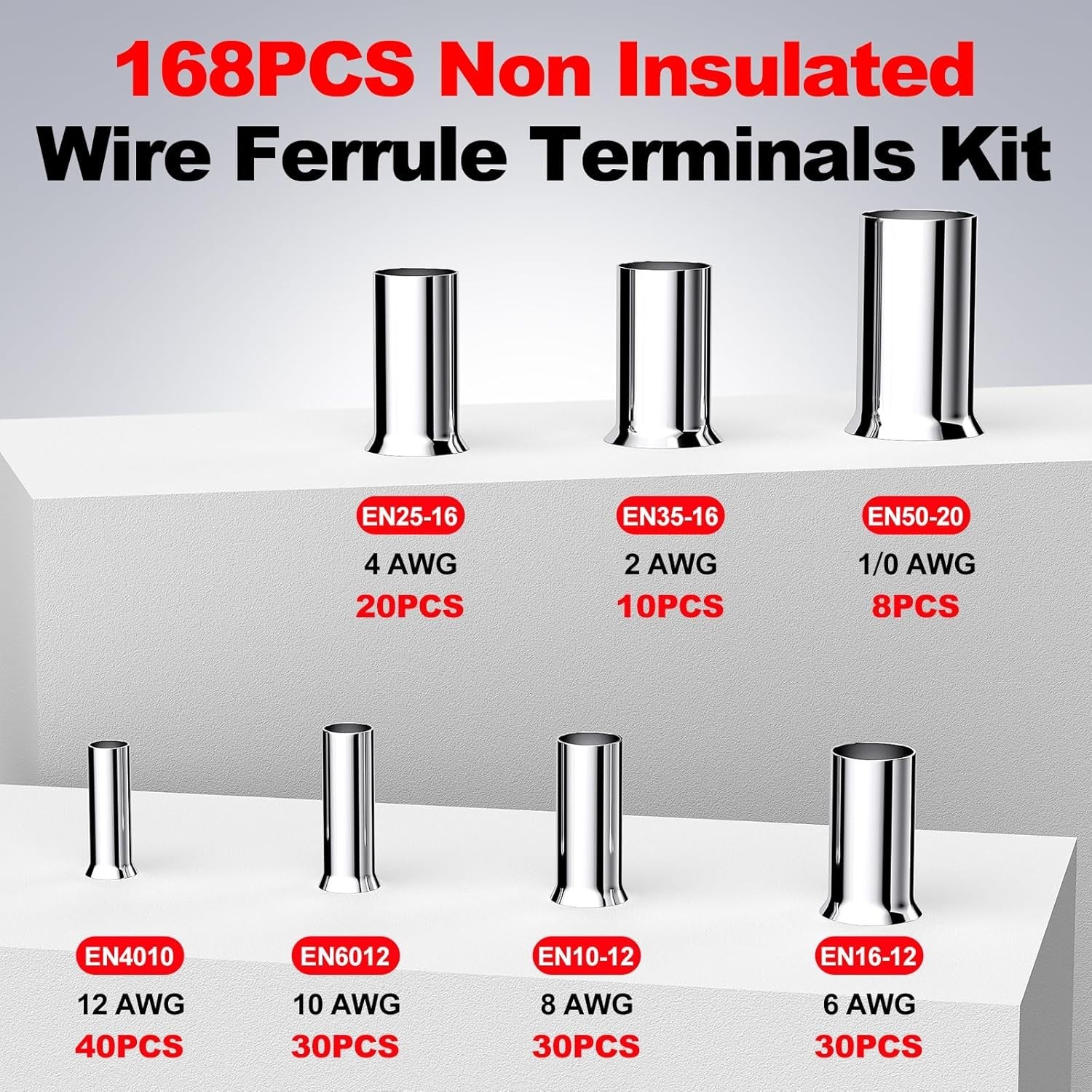 168 Pcs Wire Ferrules Kit 12-1/0 Gauge Tinned Crimp Copper Ferrule Connectors
