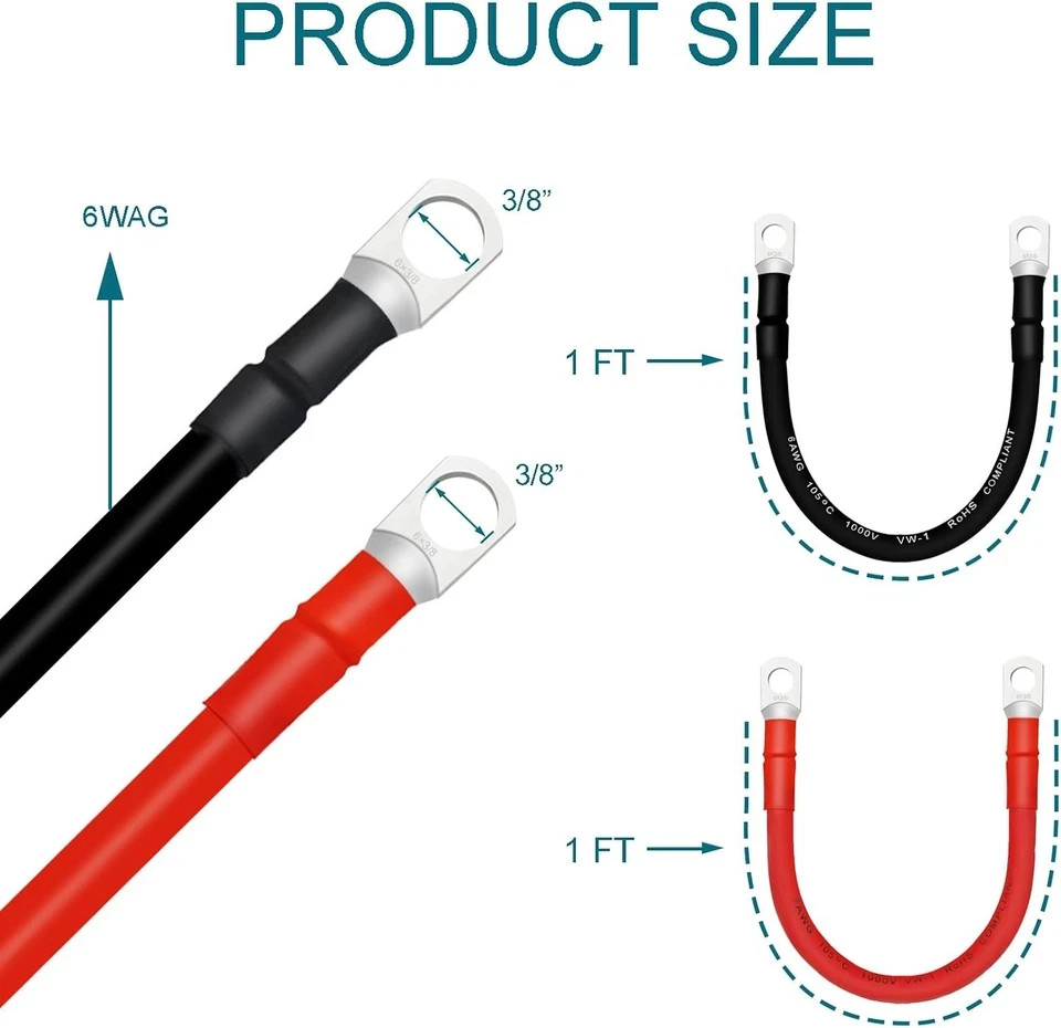 Battery Cable, 6 AWG Cables with Terminals, 2PCS 6AWG-3/8″-1FT(2PCS)