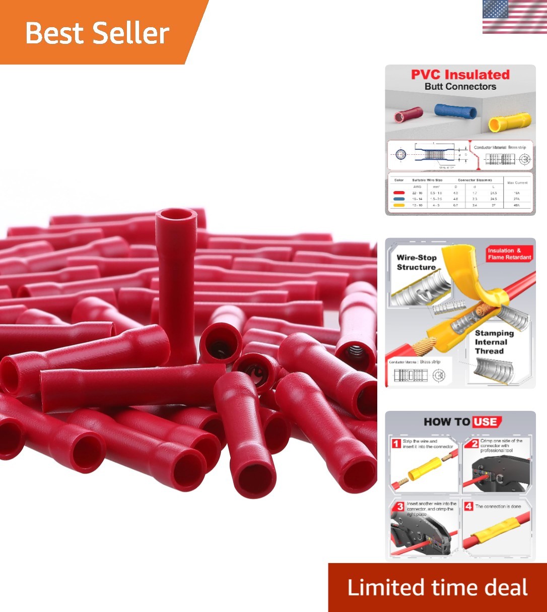 22,20,18,16 AWG/Gauge Red Butt Connectors Wire Crimp Splice Terminals | ,100 Pcs