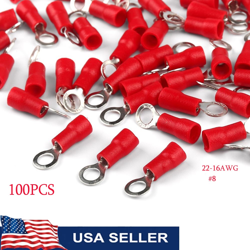 Red 22-16AWG #8 Cable Wire Crimp Connectors Ring Electrical Terminals 100PCS